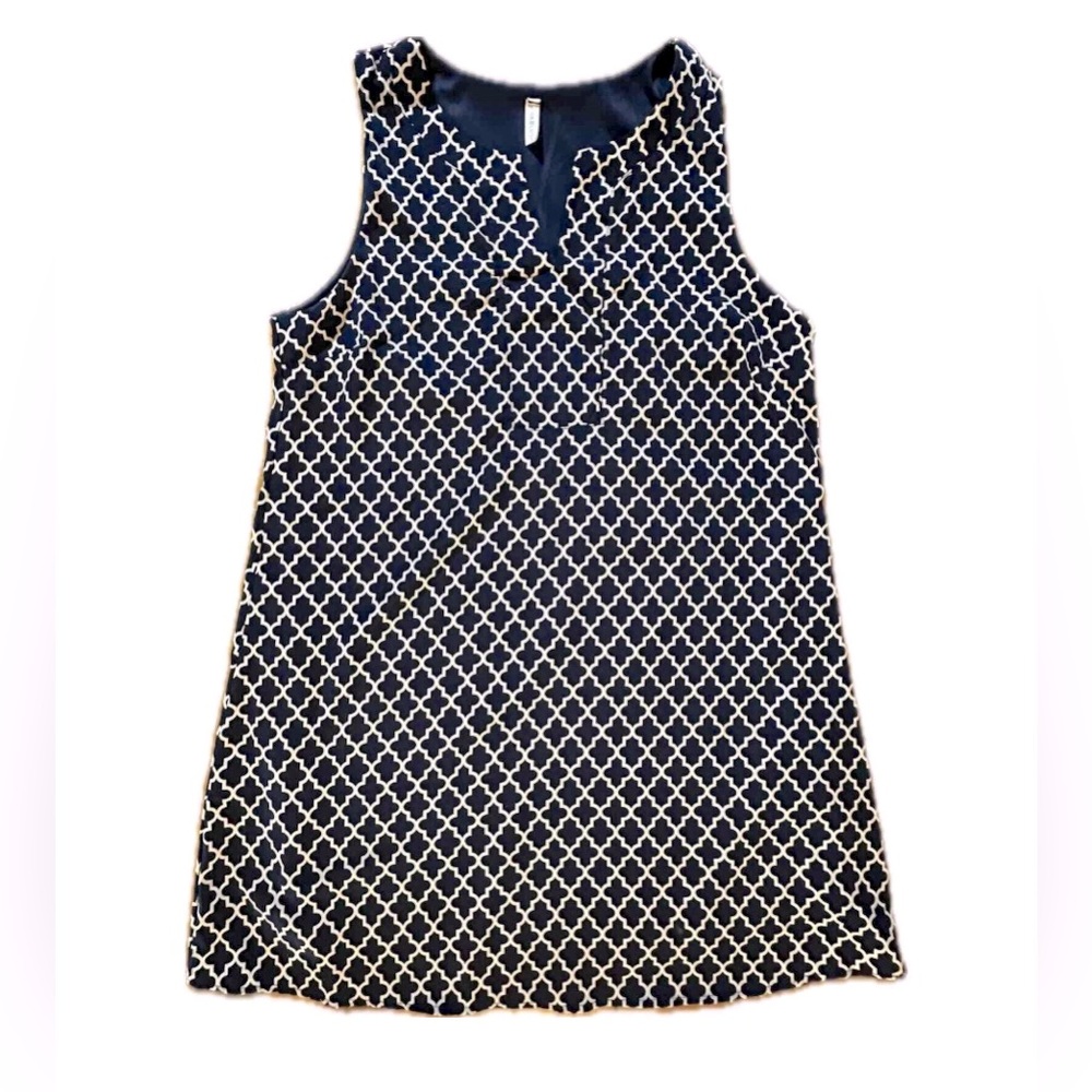 Pink Blush Sleeveless Lined Shift Dress S Navy/White Geometric Quatrefoil Casual